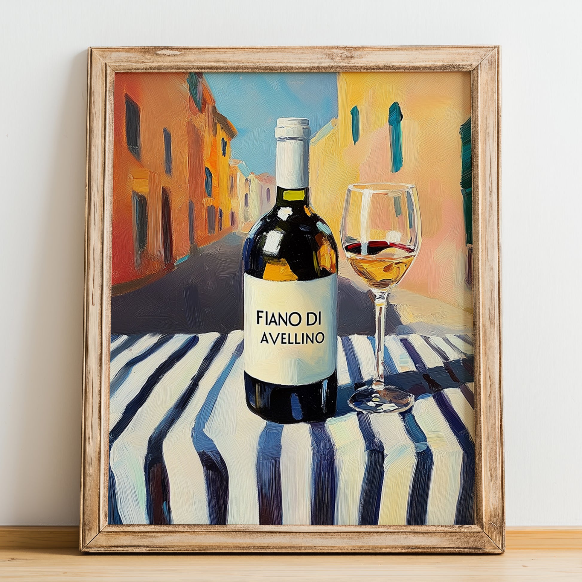 Fiano di Avellino – Italian White Wine, Wine Bar Illustration, no-text version framed in wood