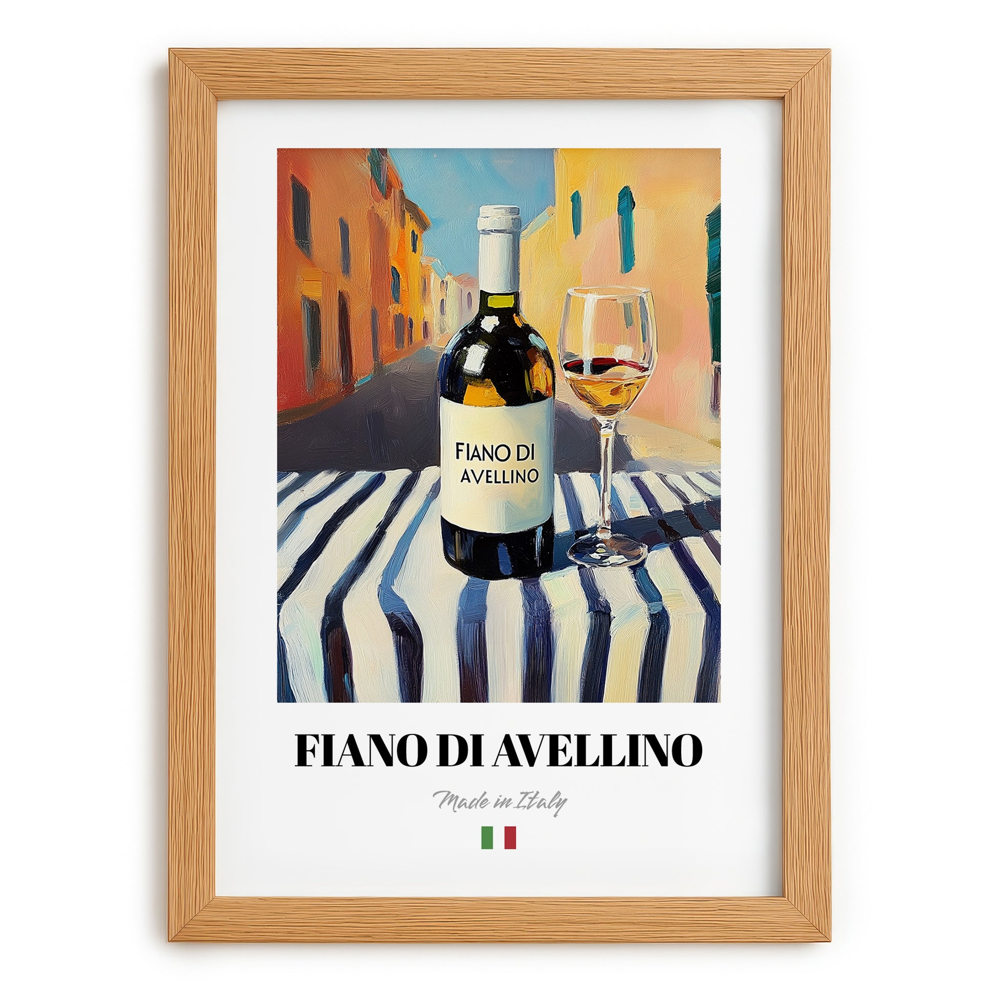 Fiano di Avellino – Italian White Wine, Wine Bar Illustration, set in oak frame