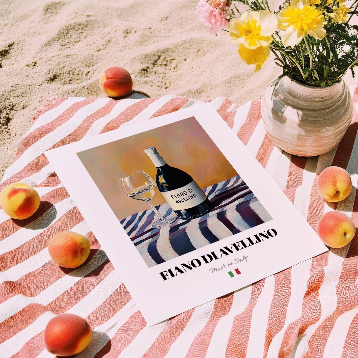 Fiano di Avellino – Italian White Wine, Bodega Poster, unframed on coastal sand
