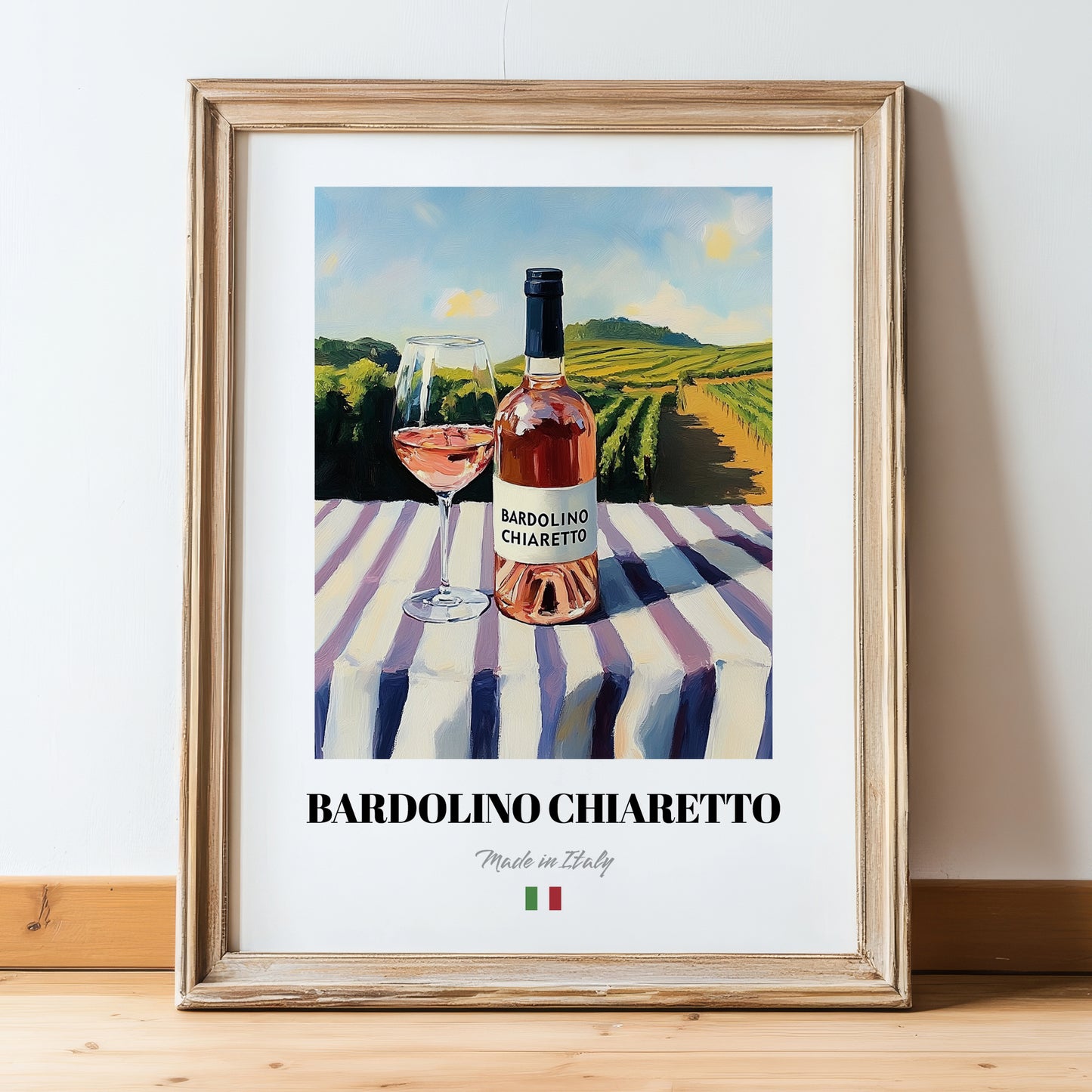 Bardolino Chiaretto – Italian Rose Wine, Wine Bar Art, in wooden frame leaning on the floor