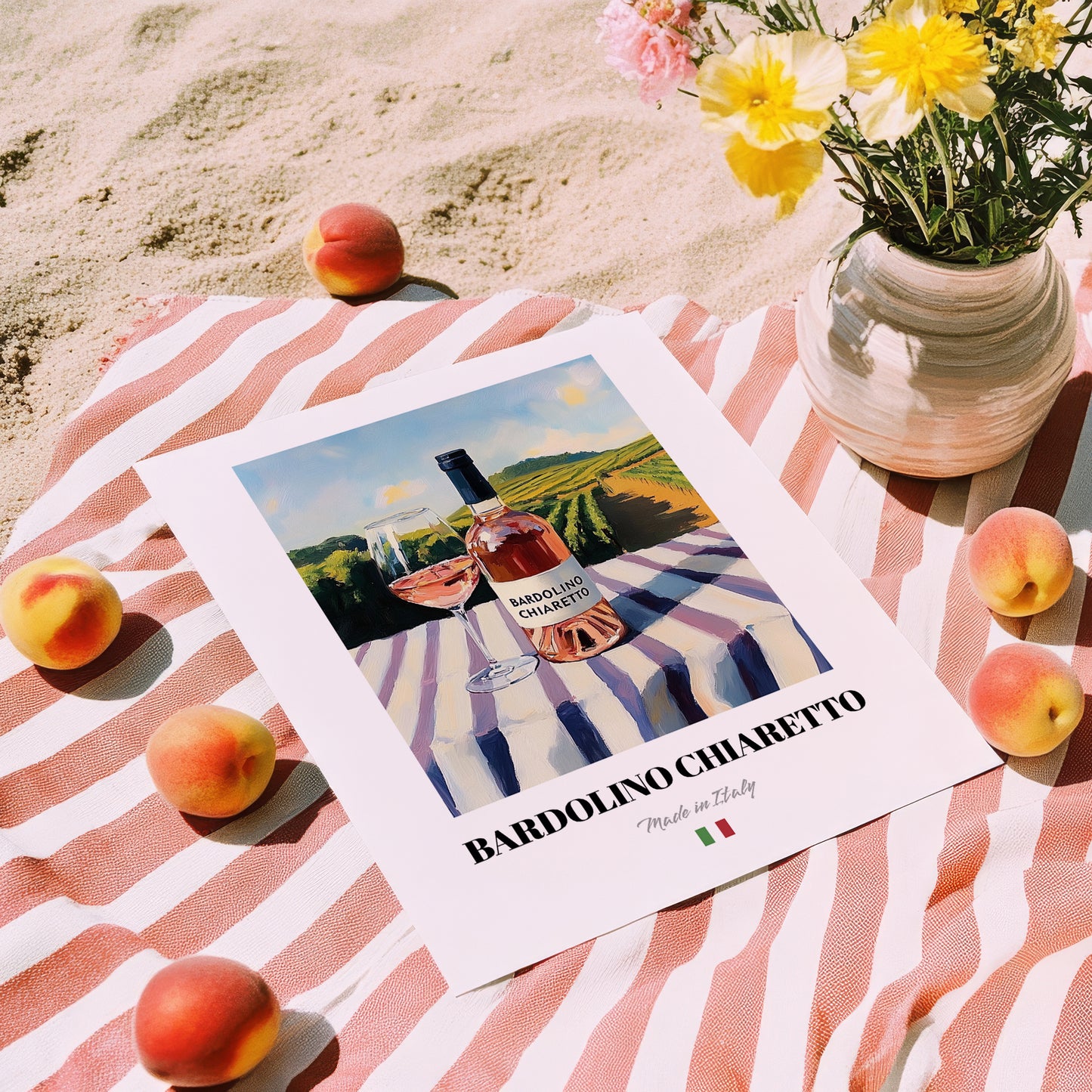 Bardolino Chiaretto – Italian Rose Wine, Wine Bar Art, unframed on coastal sand