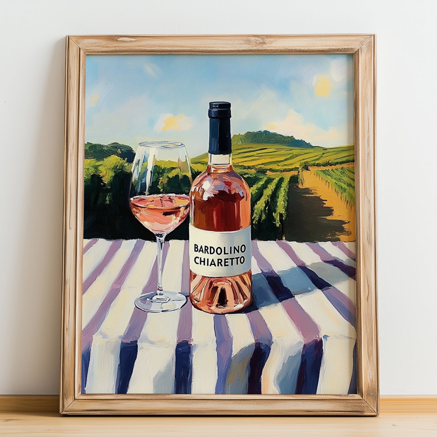 Bardolino Chiaretto – Italian Rose Wine, Wine Bar Art, no-text version framed in wood