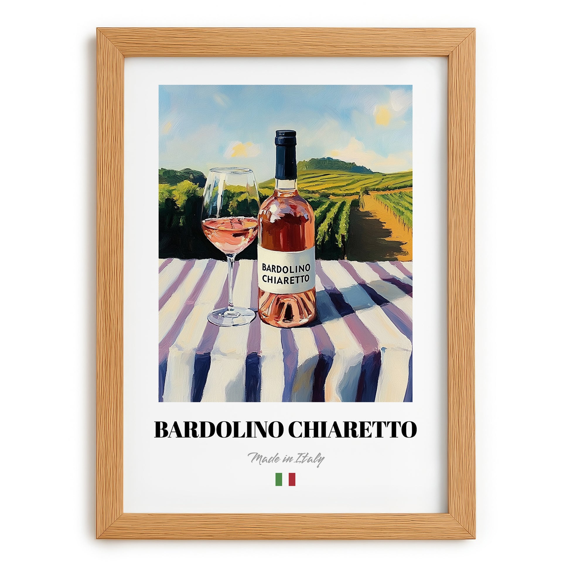 Bardolino Chiaretto – Italian Rose Wine, Wine Bar Art, set in oak frame