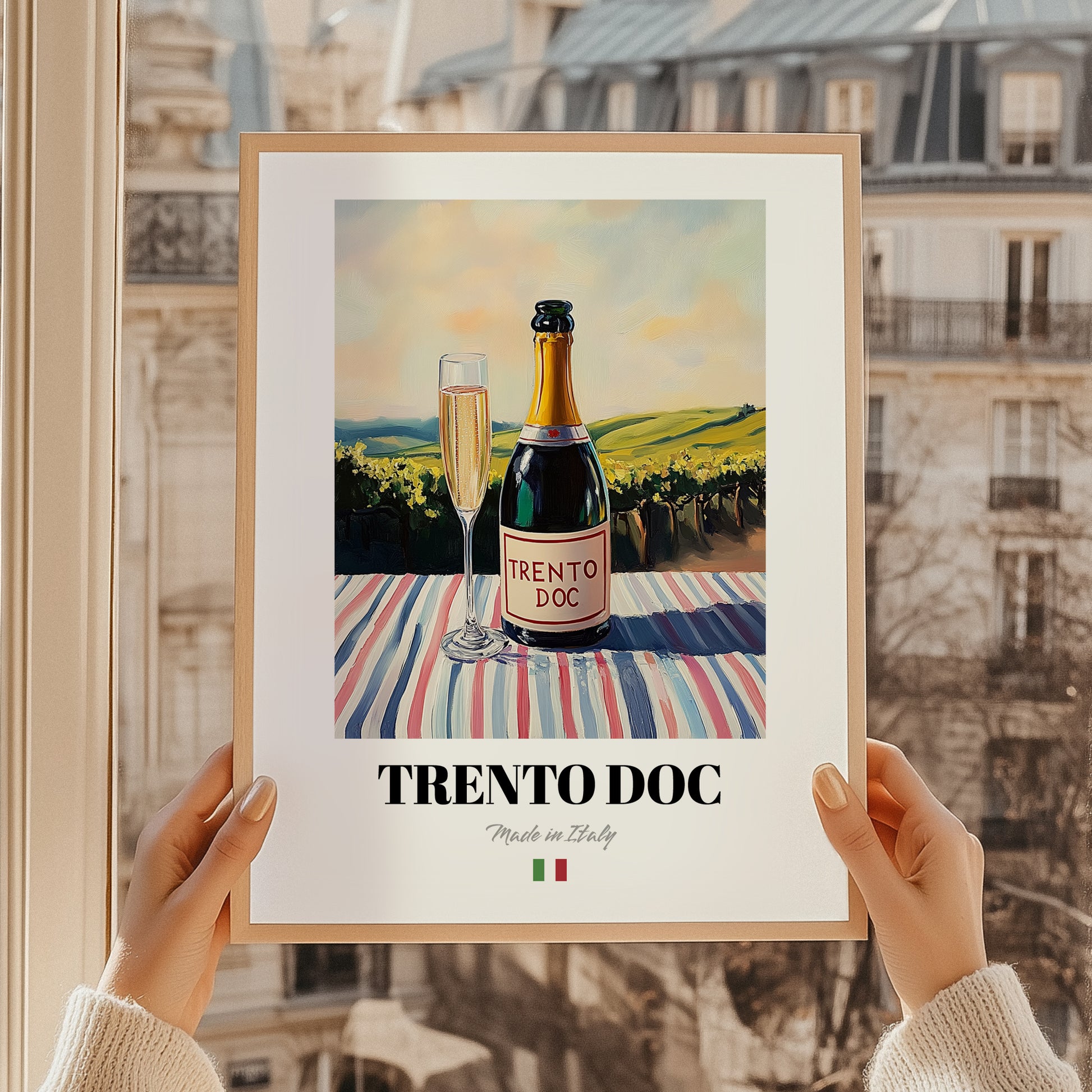 Trento DOC – Italian Sparkling Wine, Enoteca Wall Art, styled in a charming Paris street view