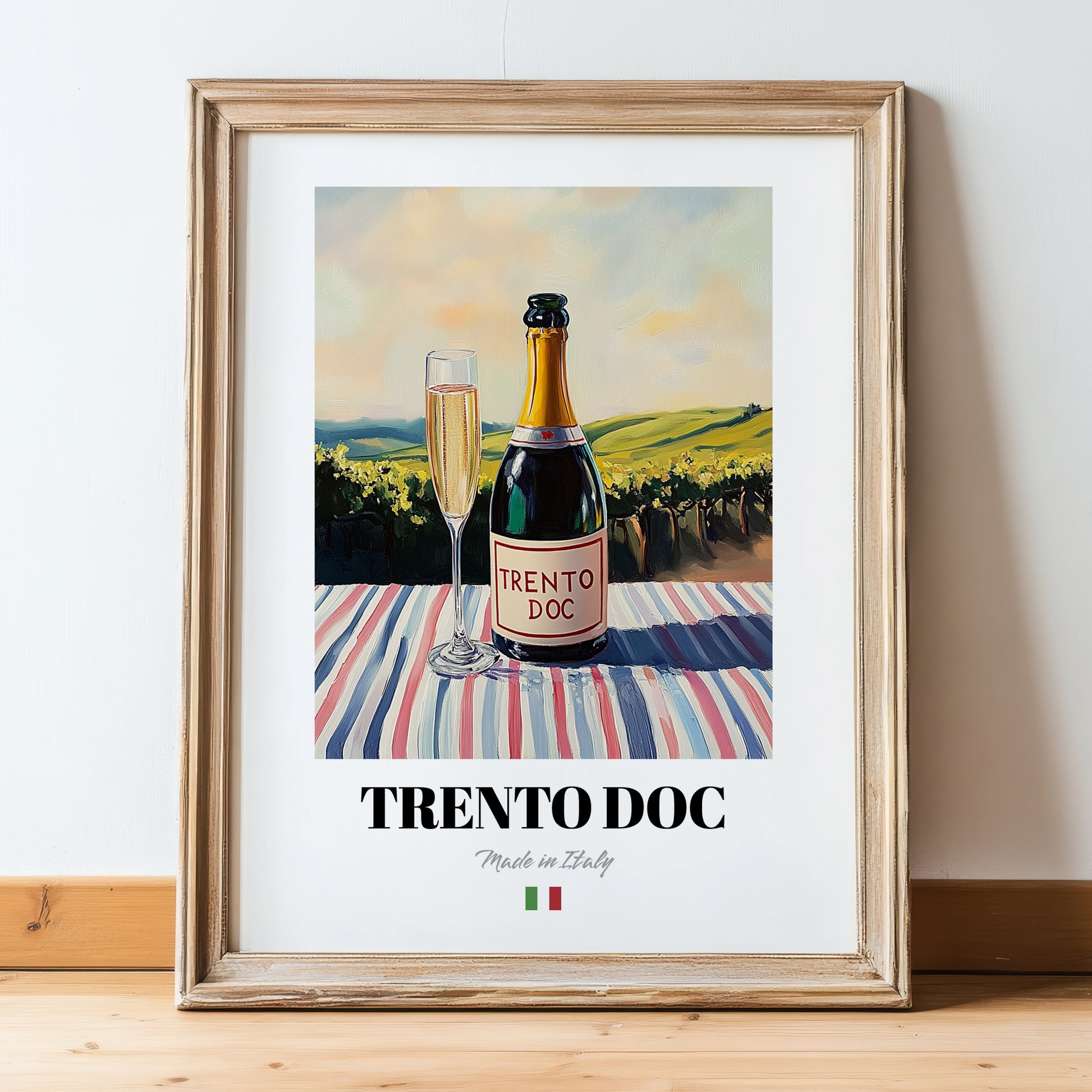 Trento DOC – Italian Sparkling Wine, Enoteca Wall Art, in wooden frame leaning on the floor