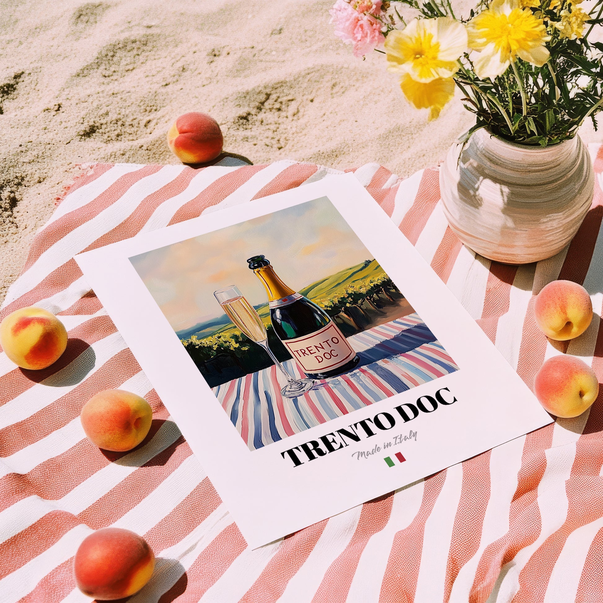 Trento DOC – Italian Sparkling Wine, Enoteca Wall Art, unframed on coastal sand